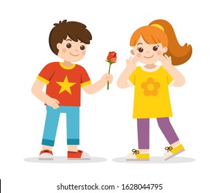 Boy giving a rose to a girl. Little boy in love giving cute girl. Couple propose with flower. Couple on romantic date. svg