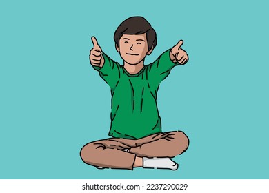 Boy giving thumbs up. Sitting cross-legged. Flat image