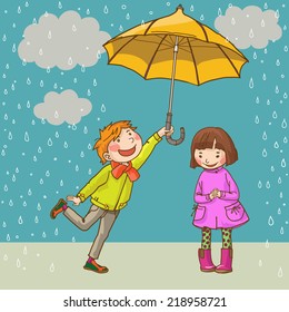 Boy giving an umbrella to Asian girl. Autumn background. Great Isolated objects can be use for school children book , advertising , post cards and etc. VECTOR.