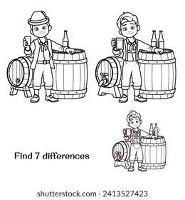 A boy with a glass near the barrels. Find 7 differences. Tasks for children. vector illustration