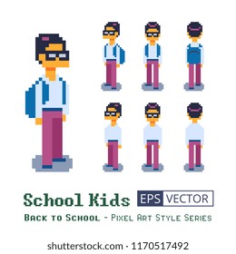 Boy with glasses with a backpack. School kids. Student pixel art character. Looping sequence. Isolated vector illustration. Design for app, game developers and motion graphics. View of different angle
