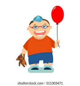 Boy in glasses with balloon and toy bear. Vector cartoon kid character isolated on white background.