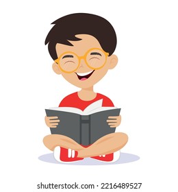 A boy in glasses with a book in his hands. Vector illustration