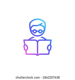 Niño en gafas con un ícono vector de libro para freelance, educación en línea, trabajo distante. Hombre leyendo un libro aislado de fondo blanco. Estudiando en casa. Arte de línea. Gradiente de color vibrante de moda.