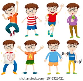 Boy with glasses in different actions illustration