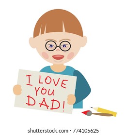 Boy in glasses with Down syndrome holding a drawing that says I love you dad. Greeting card for father's day. Illustration for book cover, brochures, flyers, invitations, postcards