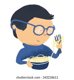Boy with glasses eats pasta. Vector. May be used not only on white background.