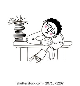 The boy in glasses fell asleep while sitting at the table, a book fell out of his hands, next to him there is a pile of books. Stock vector illustration isolated on white background in doodle style