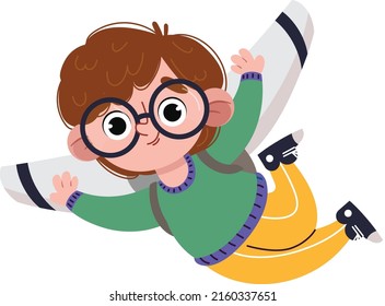 A boy with glasses flies on wings. Vector illustration of stand design for schools and kindergartens