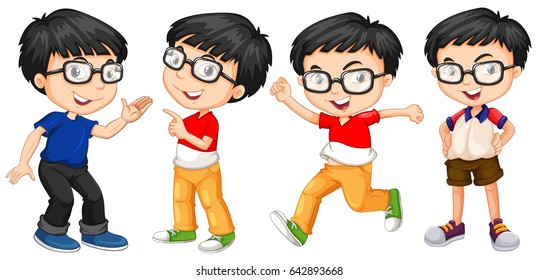 Boy in glasses in four actions illustration