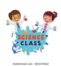 a boy with glasses and a girl doing experiments in science class, and they are holding a laboratory glass.