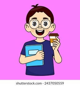 A boy with glasses holds a notebook or book and takes coffee with him. Student taking a coffee break