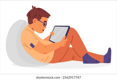 Boy in glasses laying watching to tablet flat vector illustration isolated on white. Gadget addiction. 