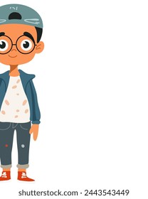 Chico con gafas a la izquierda, aislado sobre fondo blanco, espacio de copia, banner, publicidad, postal, tarjeta de visita, tipografía
