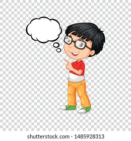 Boy in glasses on an isolated background with a speech icon.