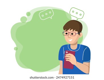 Junge in Brille mit einem Telefon, Chat, Nachricht, Korrespondenz im Netzwerk, Internet. Mann und Smartphone. Hintergrund, Platz für Text. Vektorgrafik flache Abbildung.