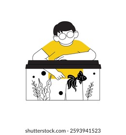 Boy with glasses playing with fish in a large aquarium vector illustration.