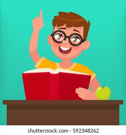Boy with glasses reading a book. Education. Vector illustration in a flat style