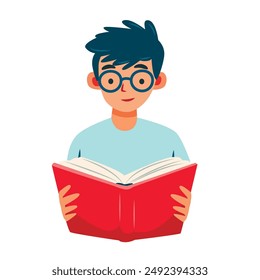 boy with glasses reading a book. School education concept