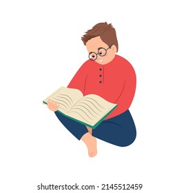 A boy with glasses reads a book, a child with a book in his hands. Vector illustration in flat style. Cartoon, isolated character.