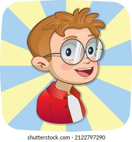 A boy with glasses and a red shirt. Positive emotions, Laugh. Cartoon character vector illustration isolated on coloured background.
