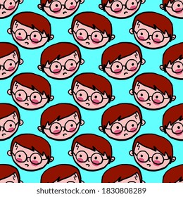 Boy with glasses, seamless pattern on blue background.