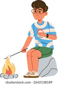 A boy in glasses sits on a rock roasting a marshmallow over a campfire, drawn in a cartoon style. The child holds a soda can while enjoying the outdoor activity. Cartoon vector illustration.