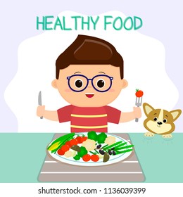 Un niño con gafas se sienta en una mesa, un plato de verduras. El cachorro parece una mierda. Alimentos saludables, productos orgánicos.Estilo de caricatura, plano, vector.