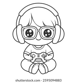 Boy with glasses sitting while playing games, for coloring