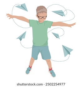 A boy with glasses spreads his arms out to the sides and depicts an airplane. Paper airplanes fly around him and their path is indicated by a dotted line. Vector image.