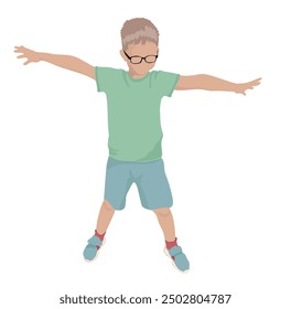 A boy with glasses spreads his arms out to the sides. Vector image.