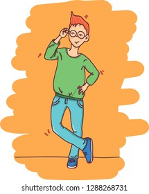 boy with glasses stends by the wall
