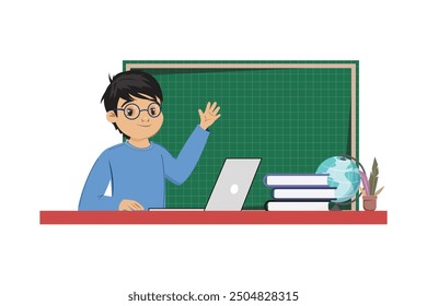 Boy with glasses waving in front of laptop, books and a globe on the desk, in the background a chalkboard with grid