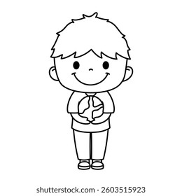 Boy with globe doodle outline on white background