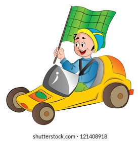 Boy in a Go Kart with a Green Flag, vector illustration