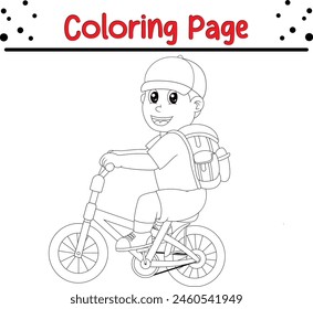 niño ir a la escuela en bicicleta para colorear página de libro para niños.