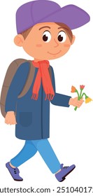 Muchacho, ve a la escuela. Niño sonriente de la historieta con el ramo de flores