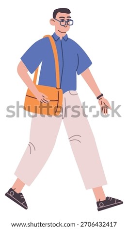 Boy go to school or university. Student nerd character
