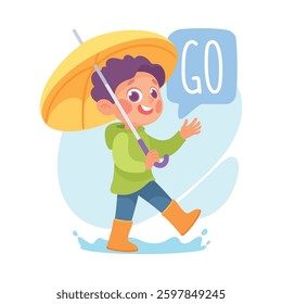 Boy Go with Umbrella as Verb Study with Little Kid Demonstrating Activity Vocabulary Vector Illustration