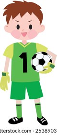  A boy goalkeeper wearing green jerseys holding a soccer ball. Vector Illustration

