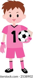  Un portero con camisetas rosas sosteniendo un balón de fútbol. Ilustración vectorial

