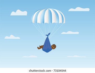 The boy goes down to parents on a parachute