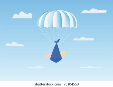 The boy goes down to parents on a parachute
