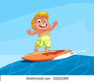 The boy goes for a drive on a surfboard on the wave