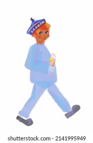 the boy goes and eats ice cream