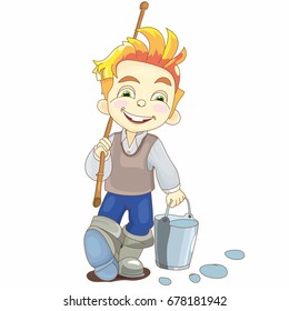 
Boy goes fishing, little fisherman, morning, happy, happy, on vacation, decoration, paint, for boys, Snub-nosed, cute