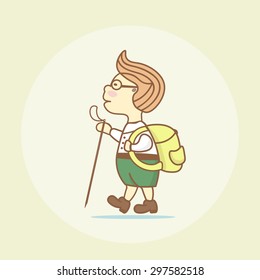 Boy goes hiking with a backpack and a stick in his hands. Icon