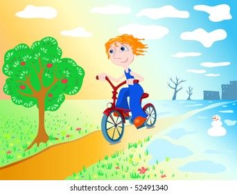 The boy goes on a bicycle from winter at summer. Vector illustration.