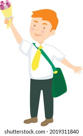 
The boy goes to school with flowers. Vector illustration