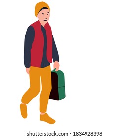the boy goes to school vector stock illustration. A child with a satchel in his hands goes to school in the winter. The boy is wearing a knitted hat and a warm red vest. Isolated on a white background